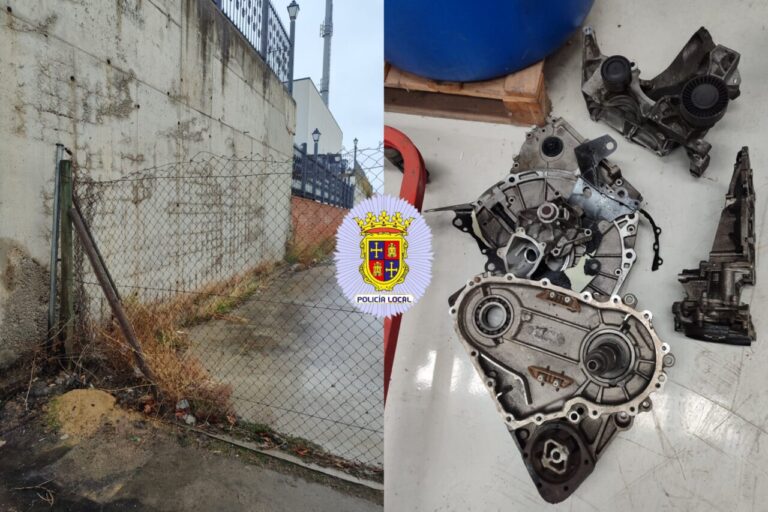 Escena de un robo en un taller mecánico con piezas de automóvil