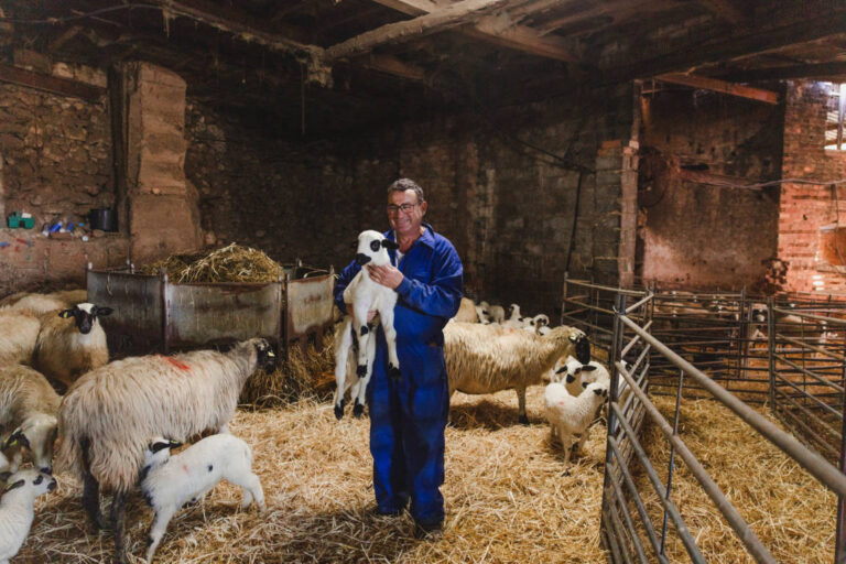 Hombre sosteniendo un lechazo en una granja de Castilla y León