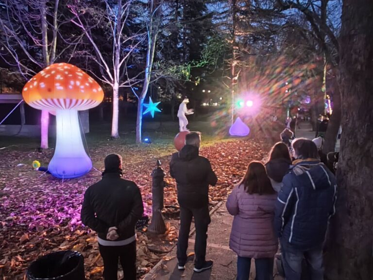 Personas disfrutando del Jardín de la Fantasía en Palencia con luces y decoraciones navideñas.