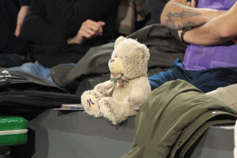 Osito de peluche sentado en las gradas durante un partido de baloncesto