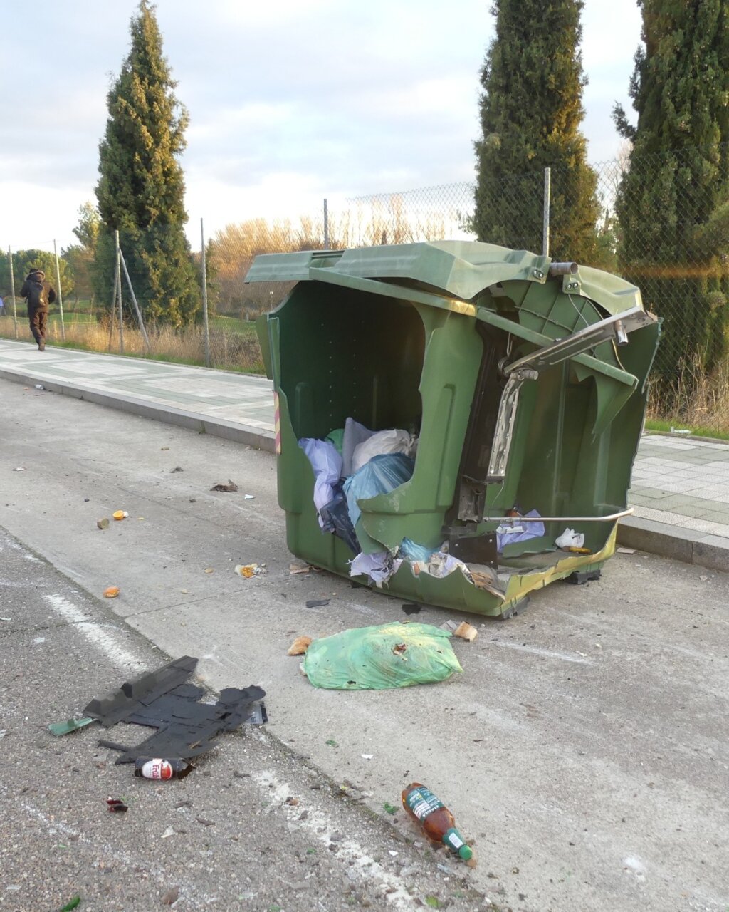 Contenedor de basura volcado en la calle con residuos esparcidos