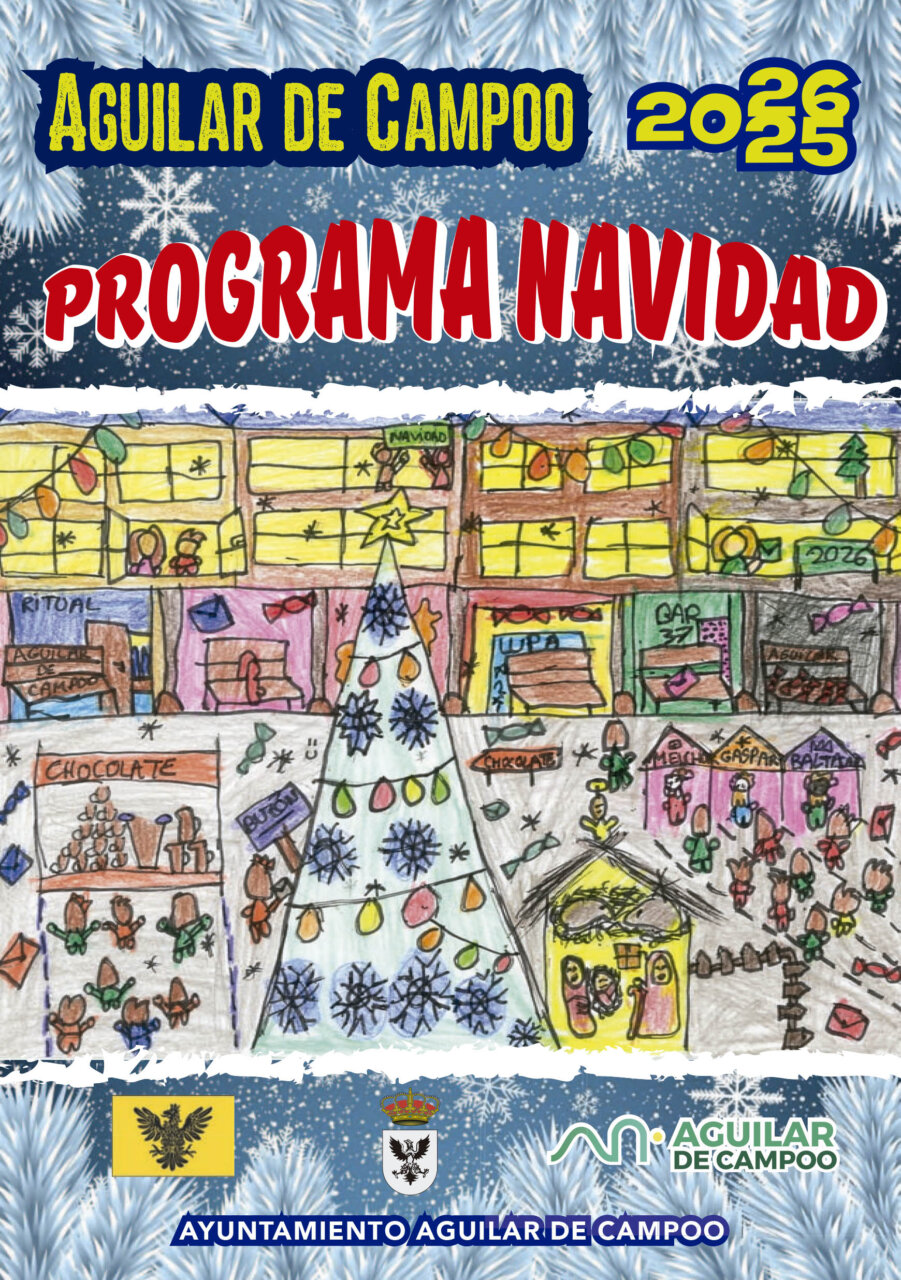 Cartel del programa navideño de Aguilar de Campoo con un árbol de Navidad