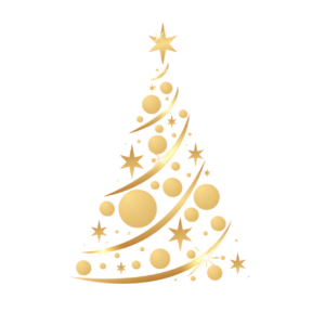 Árbol de Navidad abstracto con estrellas y círculos dorados