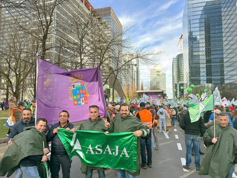 Agricultores de Asaja en Bruselas con banderas durante la manifestación
