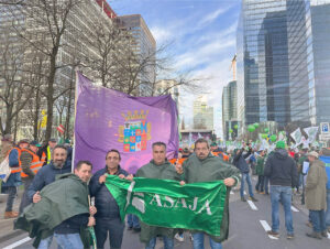 Directivos de ASAJA Palencia en una concentración en Bruselas con banderas.