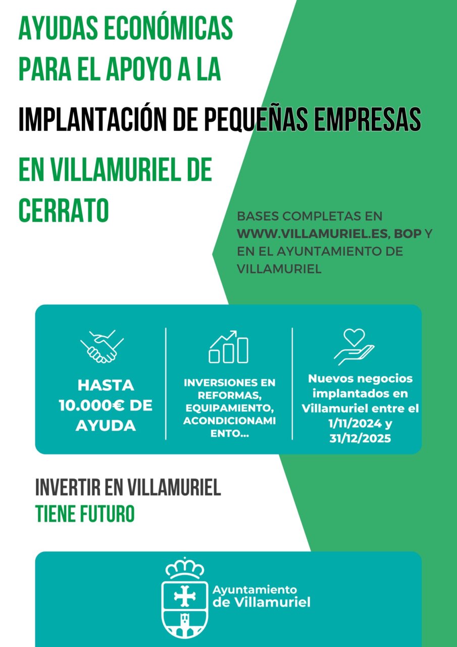 Cartel informativo sobre ayudas para pequeñas empresas en Villamuriel de Cerrato.