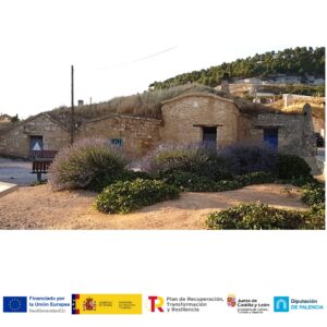 Vista del Barrio de Bodegas en Dueñas con casas cueva y vegetación.