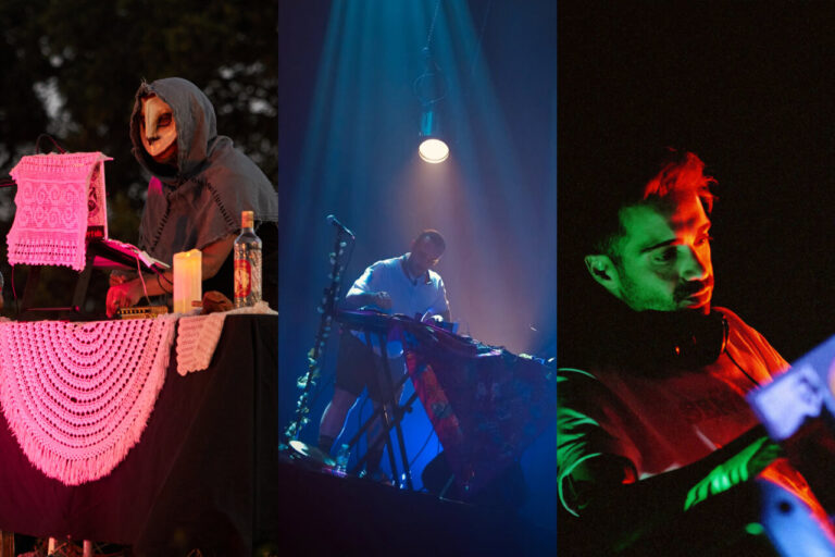 Collage de artistas Castora, Delameseta y Jugl4ría en un evento musical