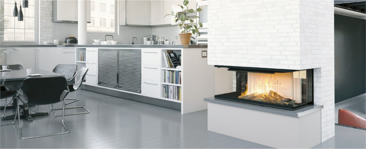 Cocina moderna con estufa de diseño y decoración minimalista.