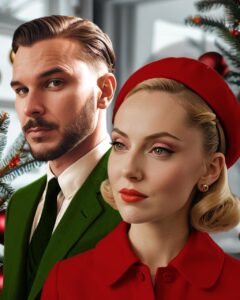 Dúo de cantantes en un concierto navideño con decoración festiva