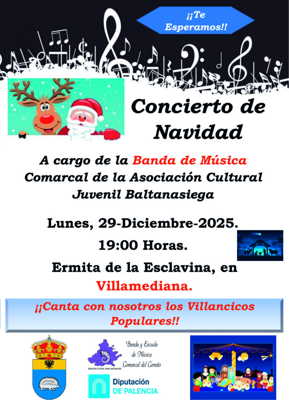 Cartel del concierto de Navidad en Villamediana con música y villancicos.