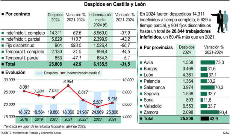 Gráfico de despidos en Castilla y León en 2024 por tipo de contrato