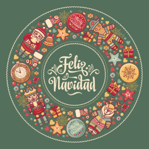 Ilustración navideña con elementos festivos y el texto Feliz Navidad.