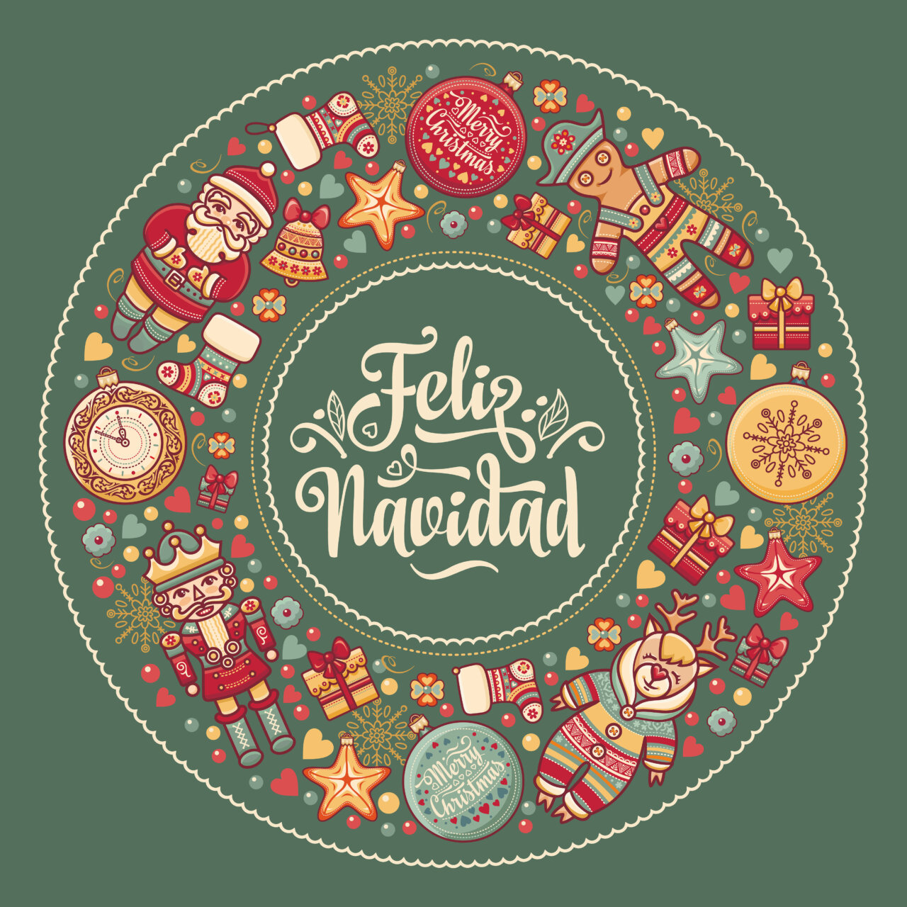 Ilustración navideña con elementos festivos y el texto Feliz Navidad.