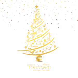 Tarjeta de Navidad con árbol dorado sobre fondo negro