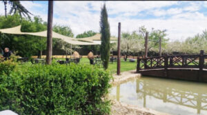 Vista del jardín y restaurante en Finca de la Puebla