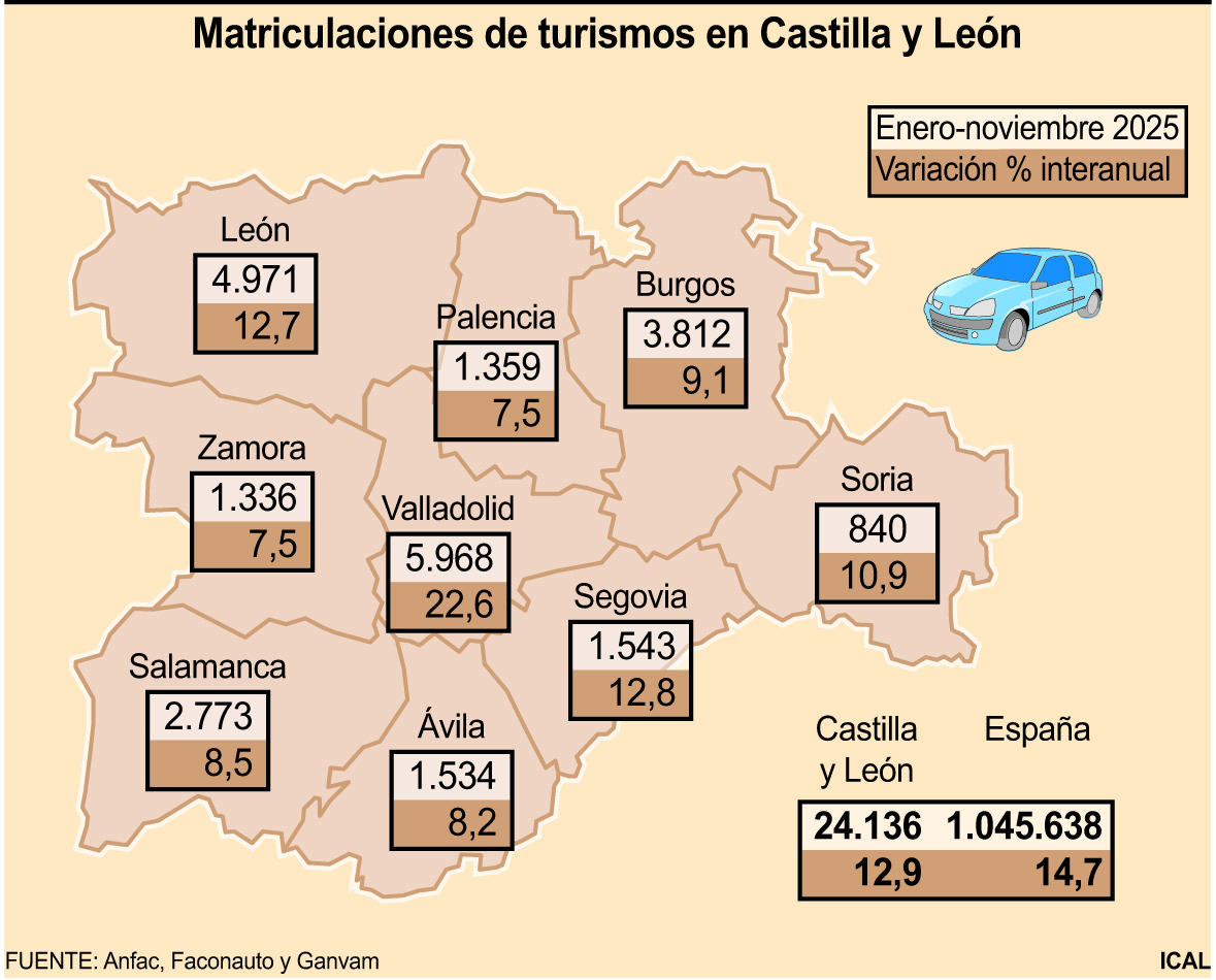 Mapa de matriculaciones de turismos en Castilla y León en 2025
