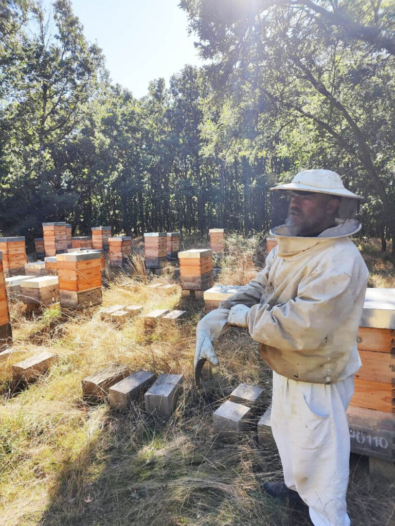 Apicultor en campo con colmenas de Miel El Camino