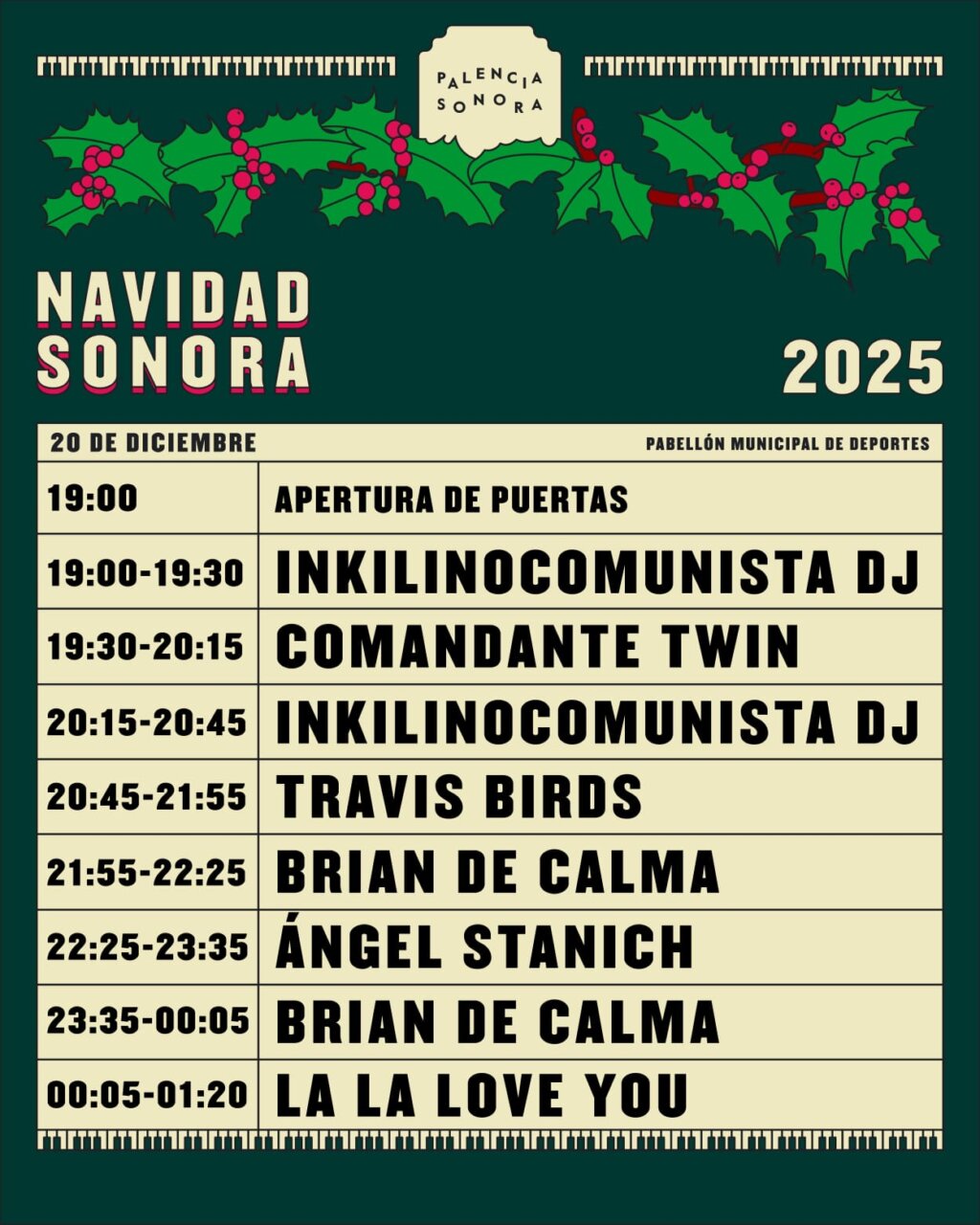 Cartel del evento Navidad Sonora con horarios de actuaciones