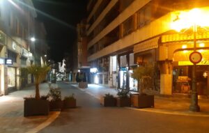 Vista nocturna de la Calle Mayor en Palencia con plantas y edificios
