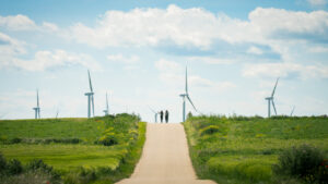 Personas caminando por un camino rodeado de aerogeneradores en un parque eólico.