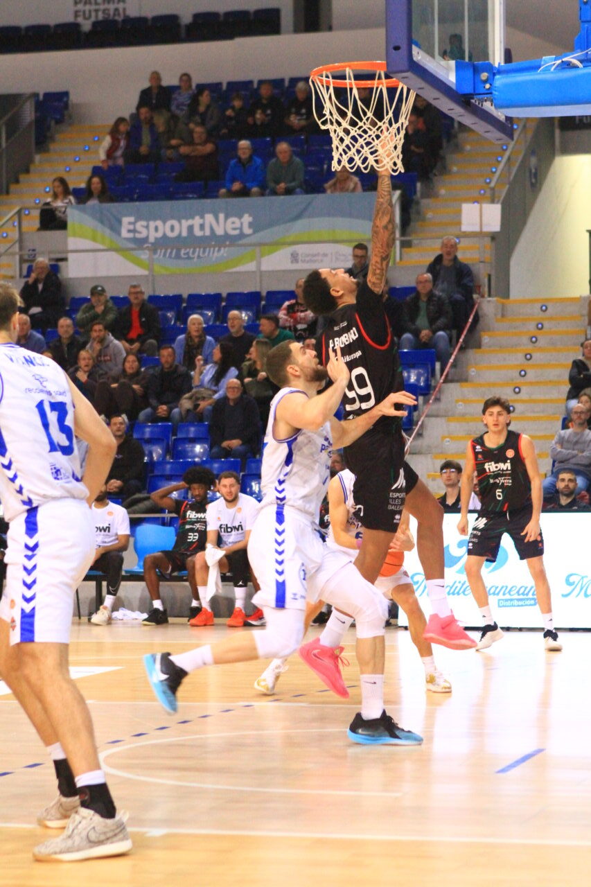 Jugadores de baloncesto en acción durante un partido entre Palencia y Palma.