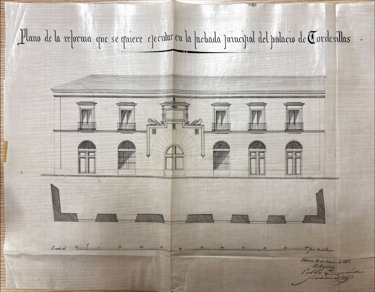 Plano de la reforma de la fachada del palacio de Tordesillas en 1863