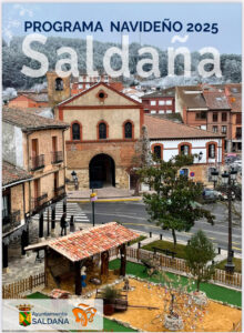 Cartel del programa navideño de Saldaña con decoraciones y un árbol de Navidad.
