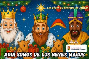 Tres Reyes Magos con decoraciones navideñas y regalos