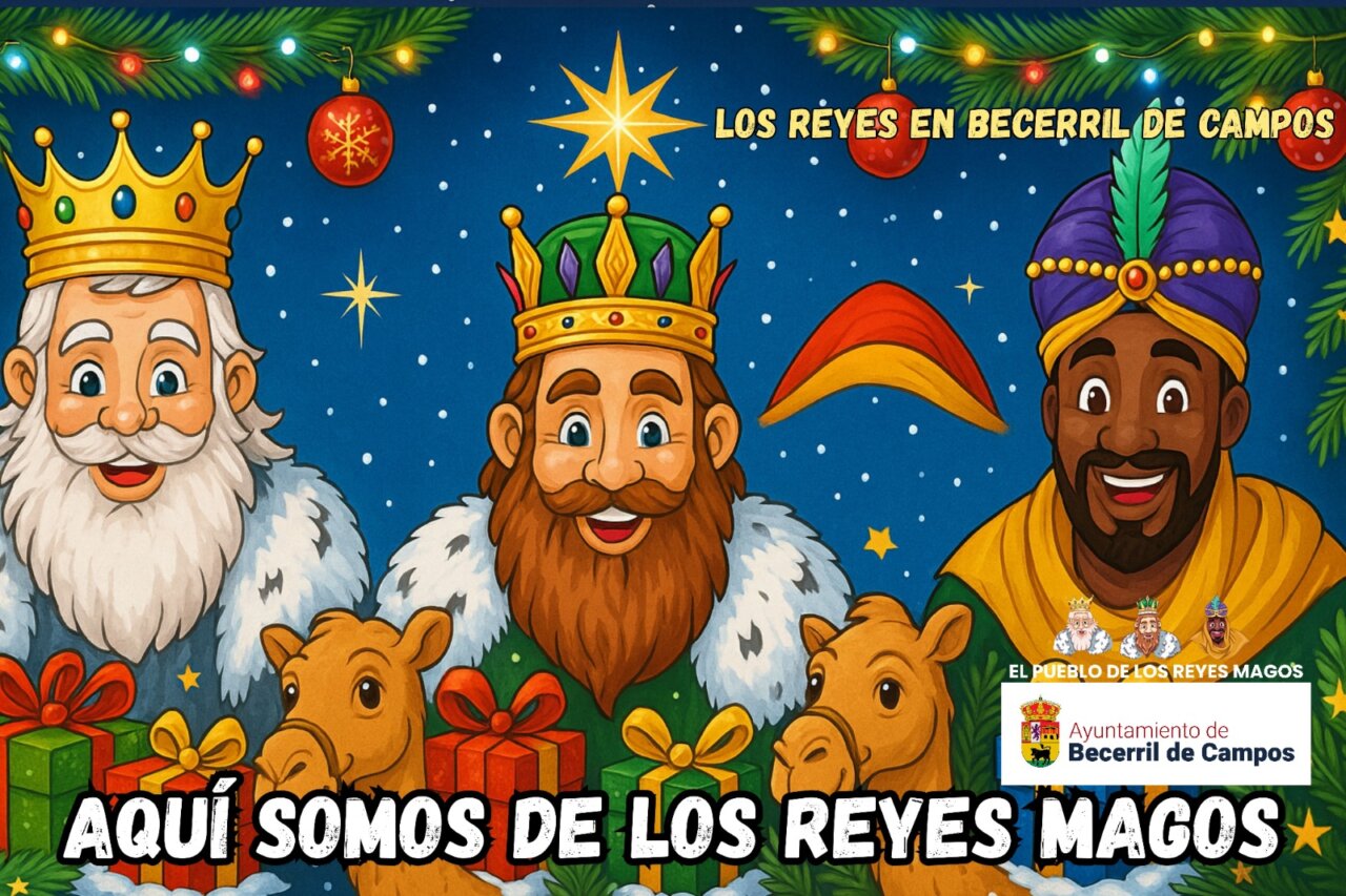 Tres Reyes Magos con decoraciones navideñas y regalos