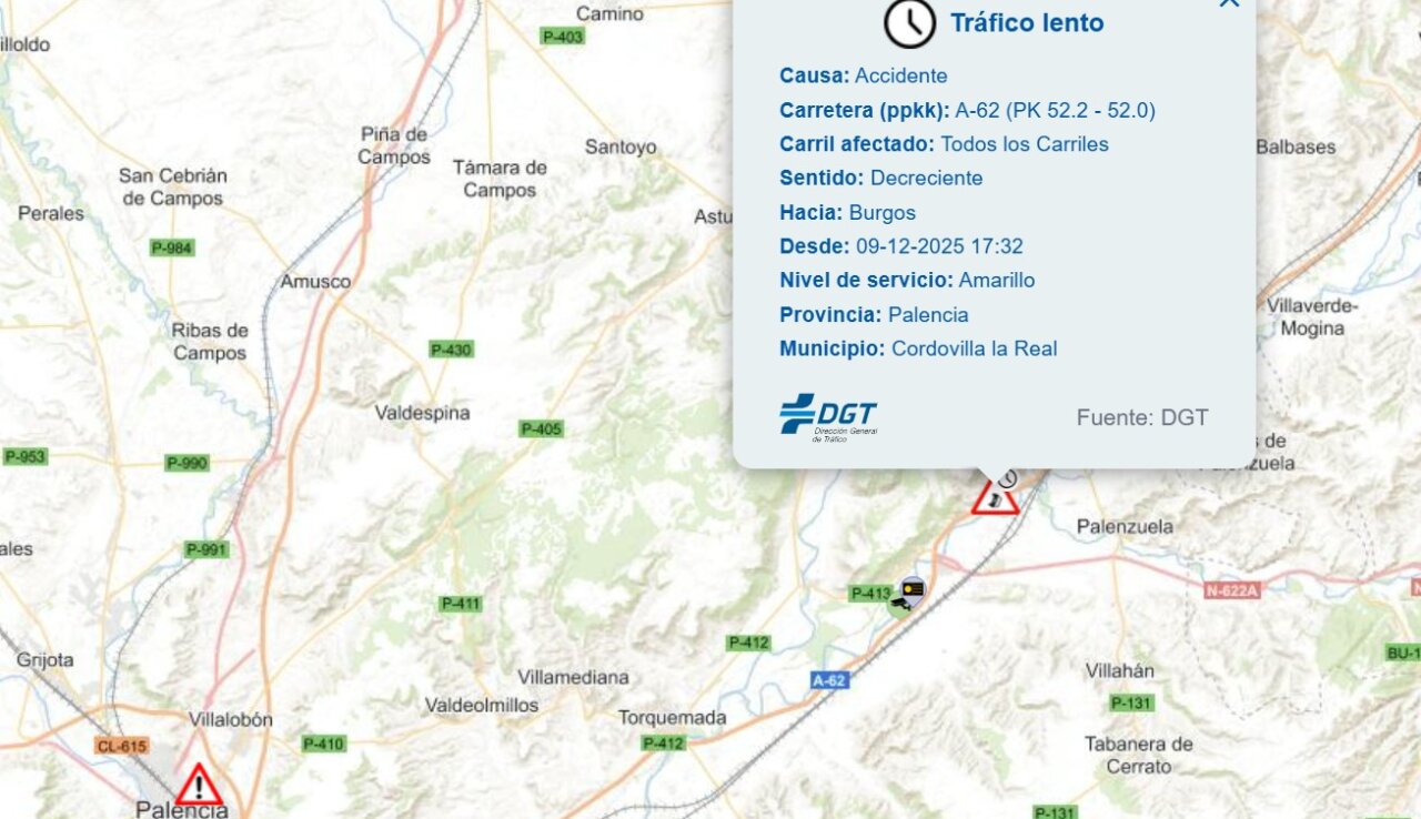 Accidente de camión causando tráfico lento en la A-62 cerca de Quintana