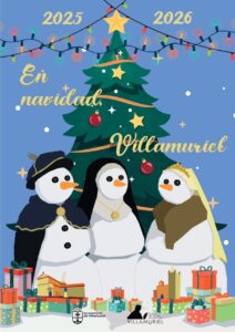 Cartel navideño de Villamuriel con muñecos de nieve y árbol de Navidad