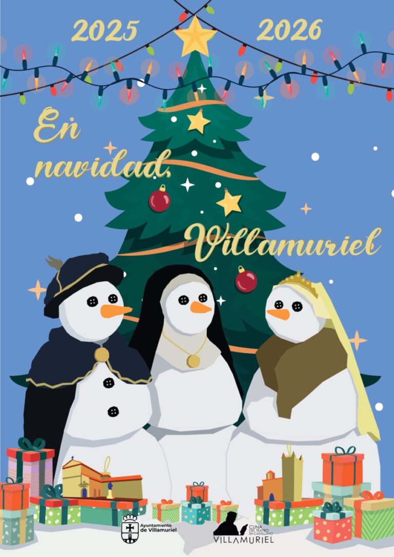 Cartel navideño de Villamuriel con muñecos de nieve y árbol de Navidad