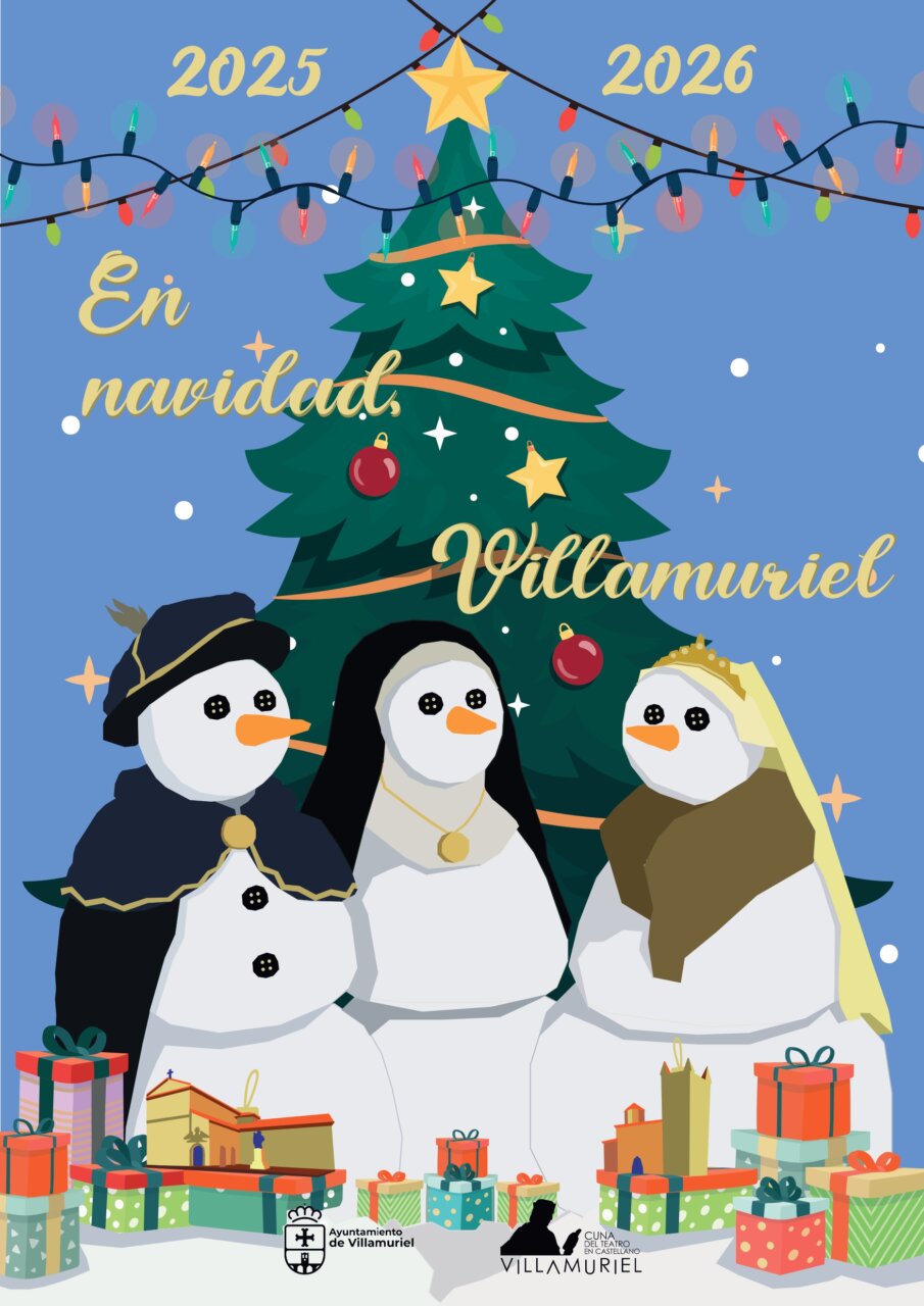 Cartel navideño de Villamuriel con muñecos de nieve y árbol de Navidad