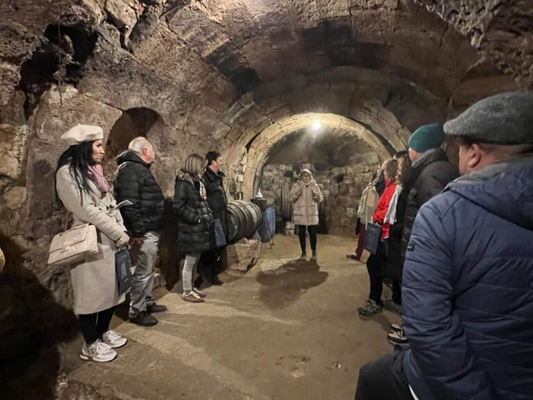 Grupo de personas en una bodega subterránea durante una visita guiada