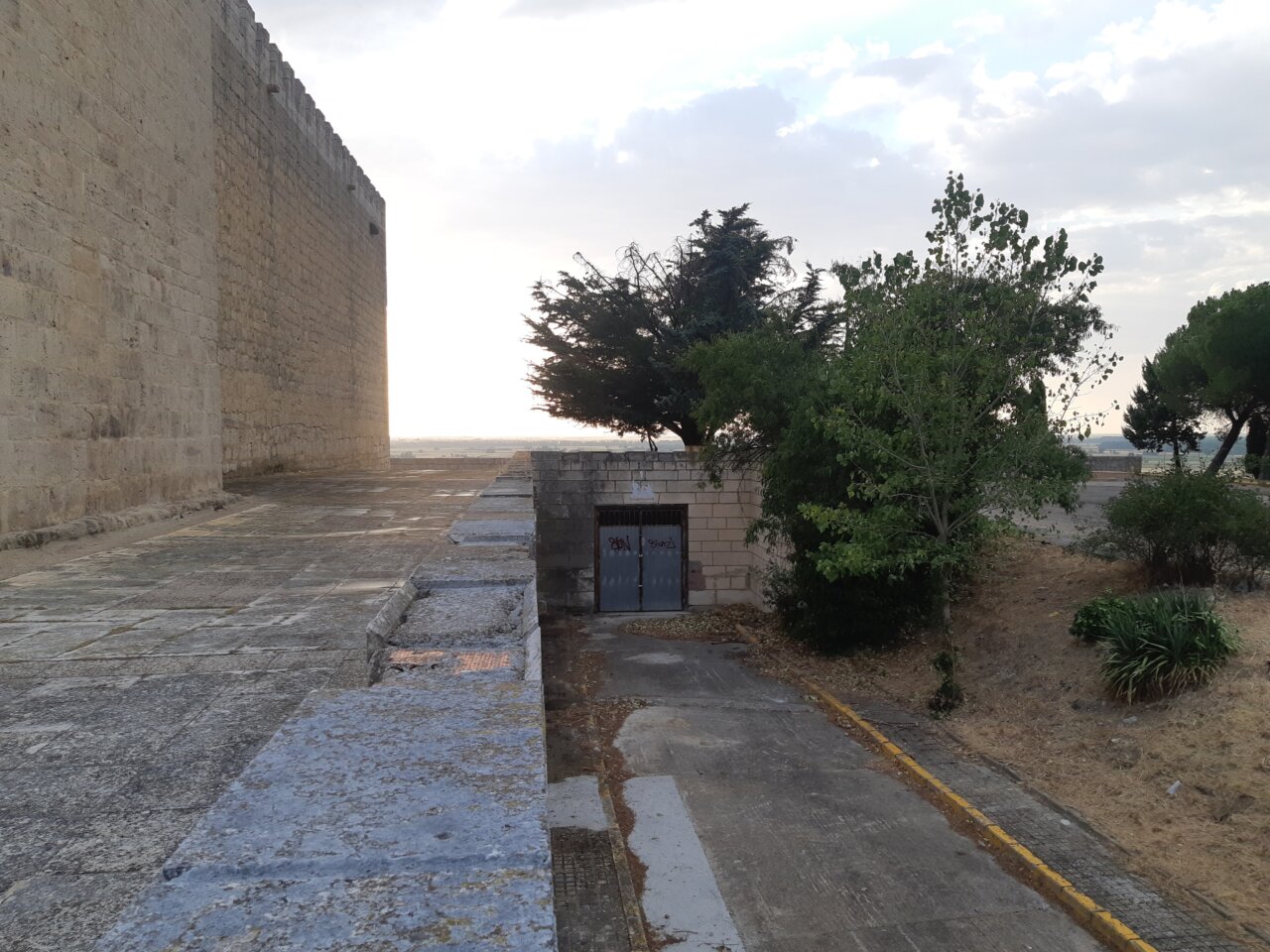 Vista del Castillo de Monzón con vegetación y muros de piedra