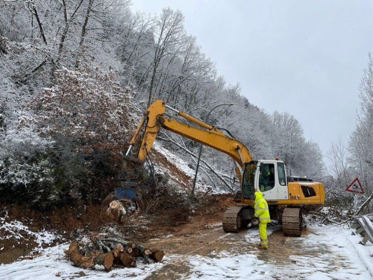 Máquina excavadora realizando labores de limpieza en la carretera CL-615 en Guardo