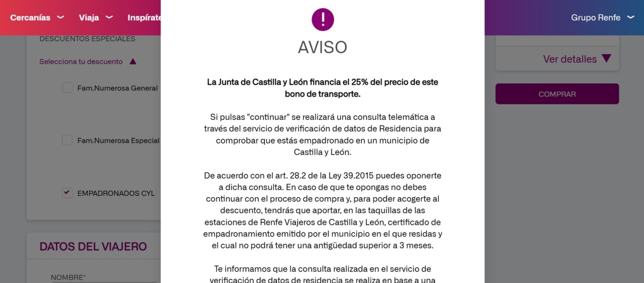 Aviso sobre el descuento del 25% en el bono de transporte de Renfe