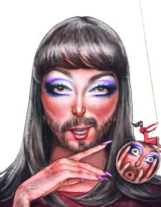 Ilustración de Bianca, personaje de novela gráfica con maquillaje y peluca