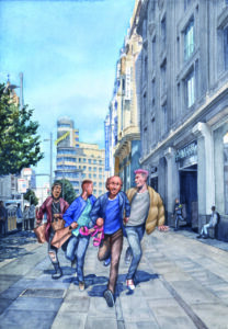 Ilustración de cuatro personajes corriendo por la calle con alegría.