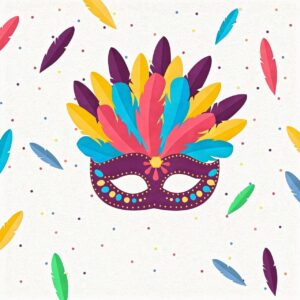 Máscara de carnaval colorida con plumas en un fondo festivo