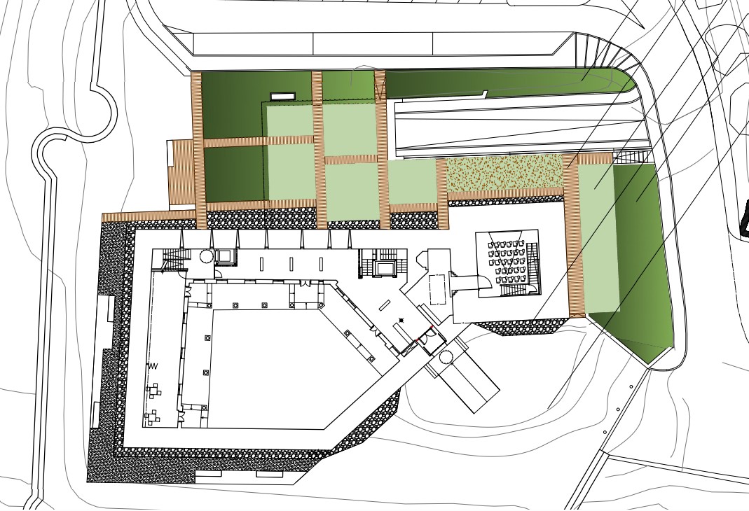 Plano del proyecto de regeneración del Castillo de Monzón con áreas verdes