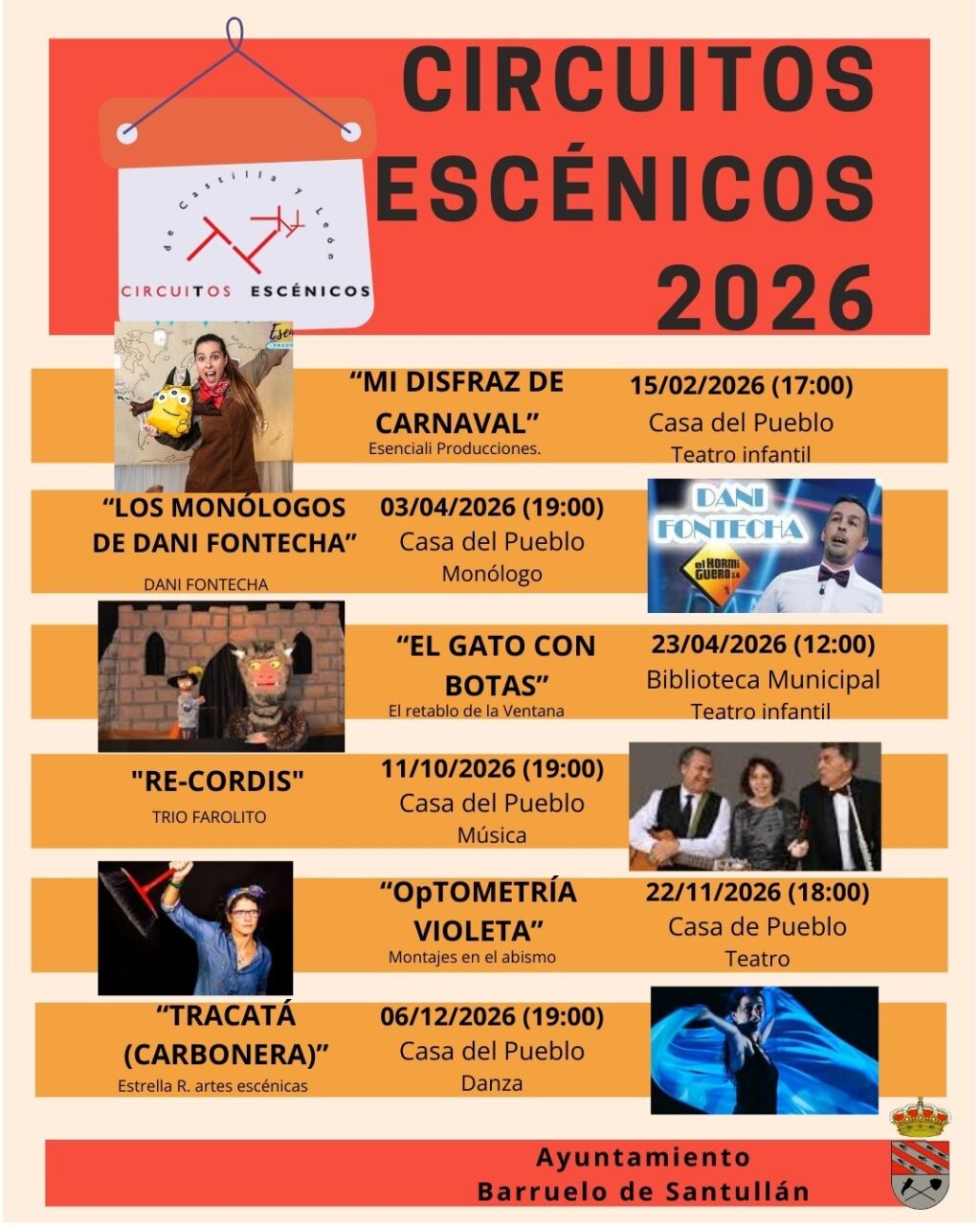 Cartel de Circuitos Escénicos 2026 con espectáculos de teatro y música en Barruelo de Santullán