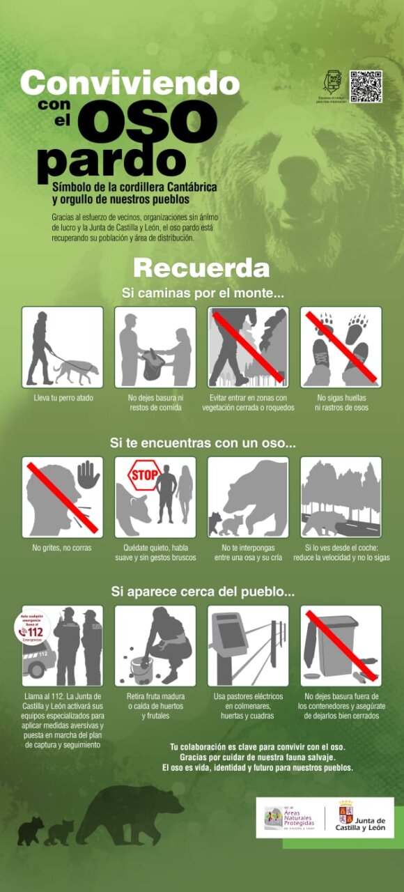 Cartel informativo sobre el oso pardo y su convivencia en la cordillera Cantábrica.