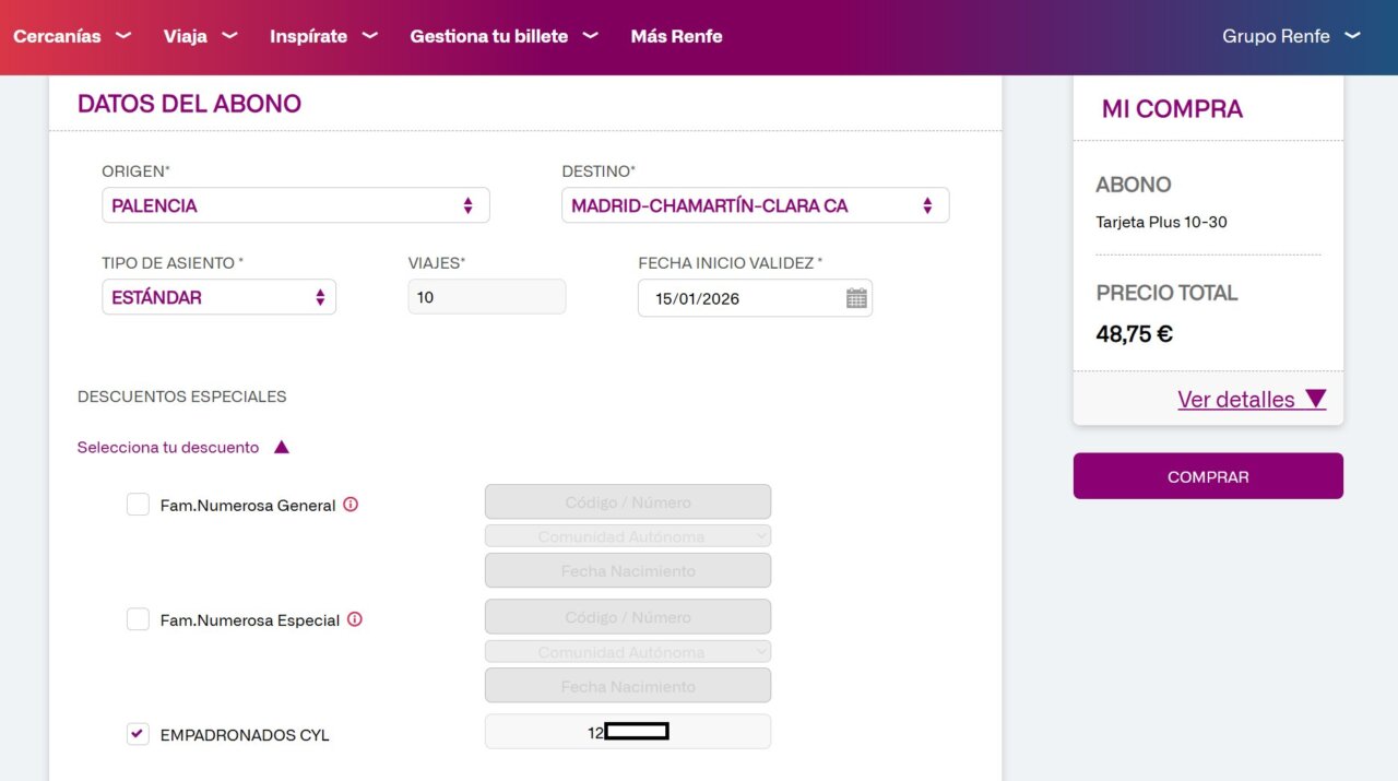 Formulario de compra de abono de tren desde Palencia a Madrid