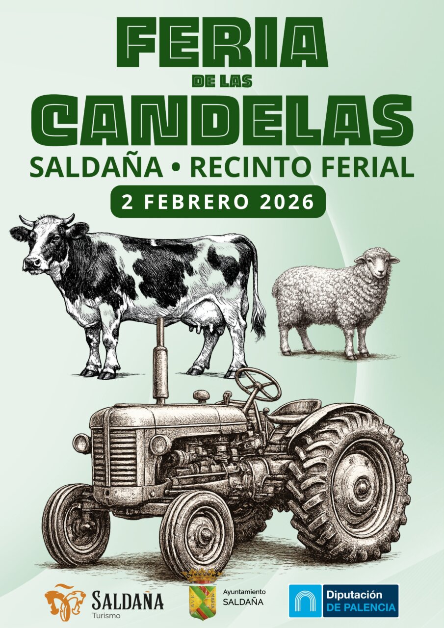 Cartel de la Feria de Las Candelas en Saldaña, con tractor y ganado.
