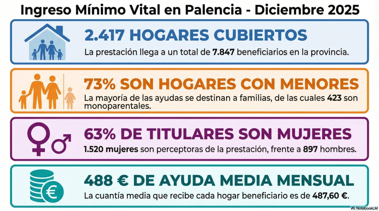 Infografía sobre el Ingreso Mínimo Vital en Palencia con estadísticas clave.