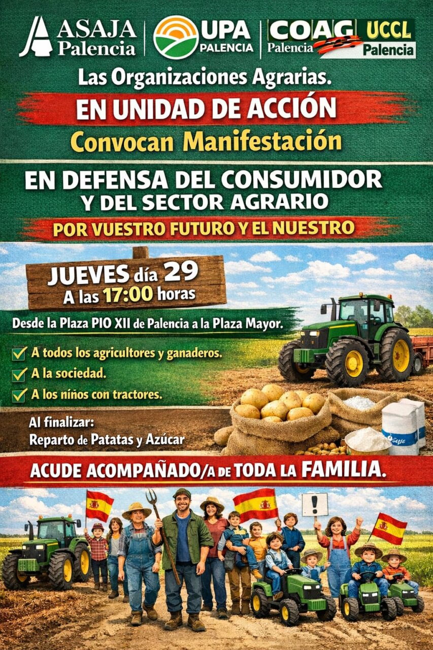 Cartel de manifestación en defensa del sector agrario en Palencia