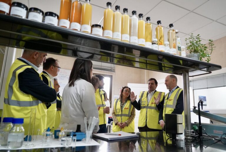 Reunión en laboratorio con personas en chalecos amarillos