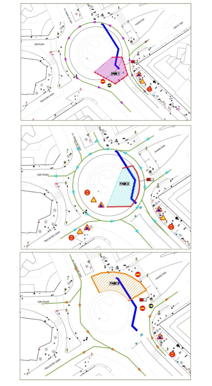 Esquemas de las fases de obras en la rotonda de San Lázaro en Palencia